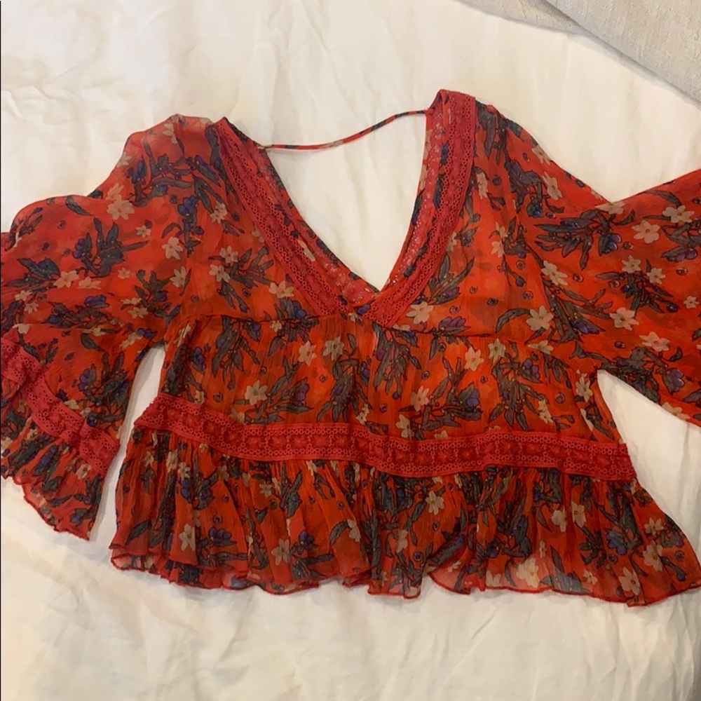 Free People sheer red floral swing top